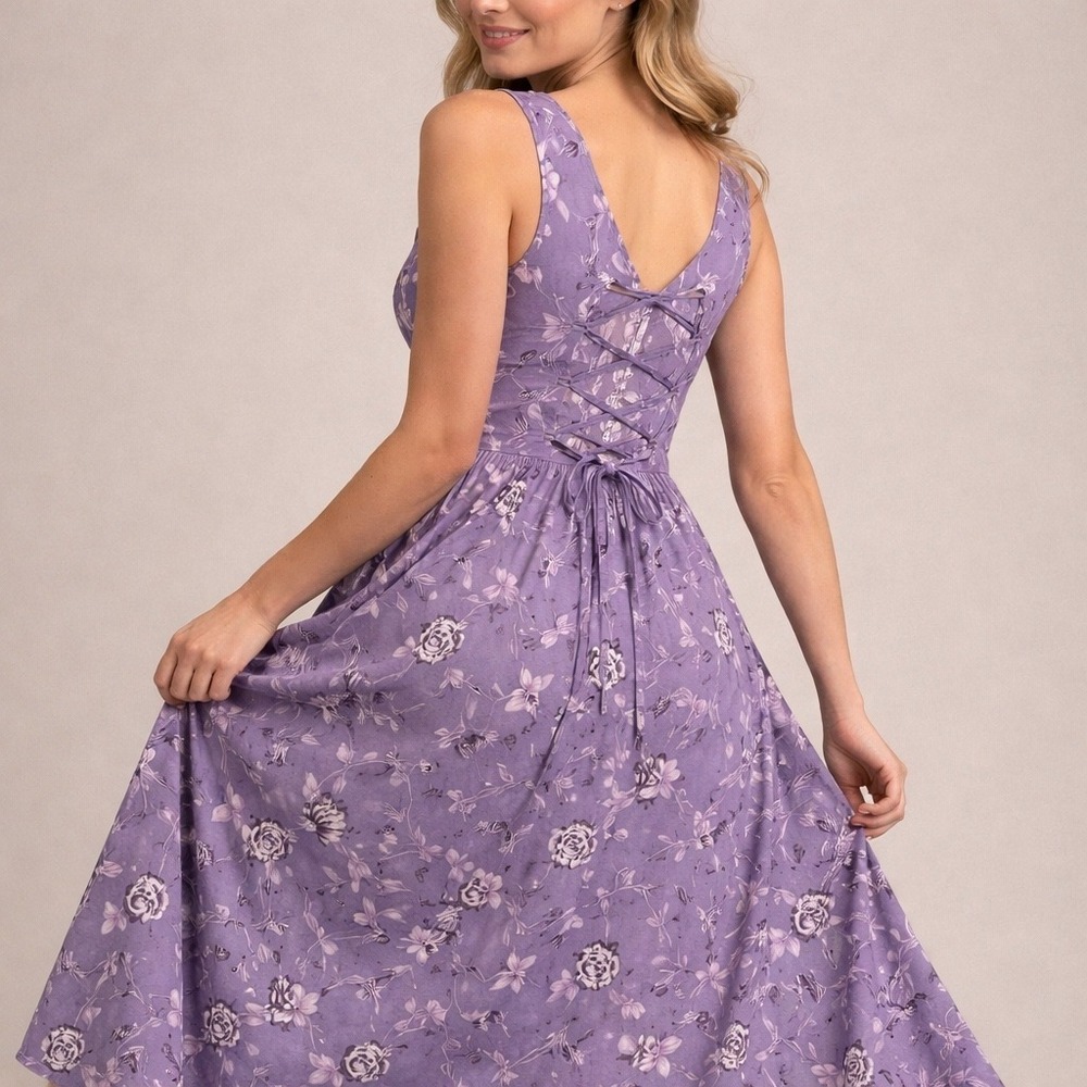 Jodi Michaels Purple Floral Maxi Dress Lace Up Corset Back Sleeveless Vintage